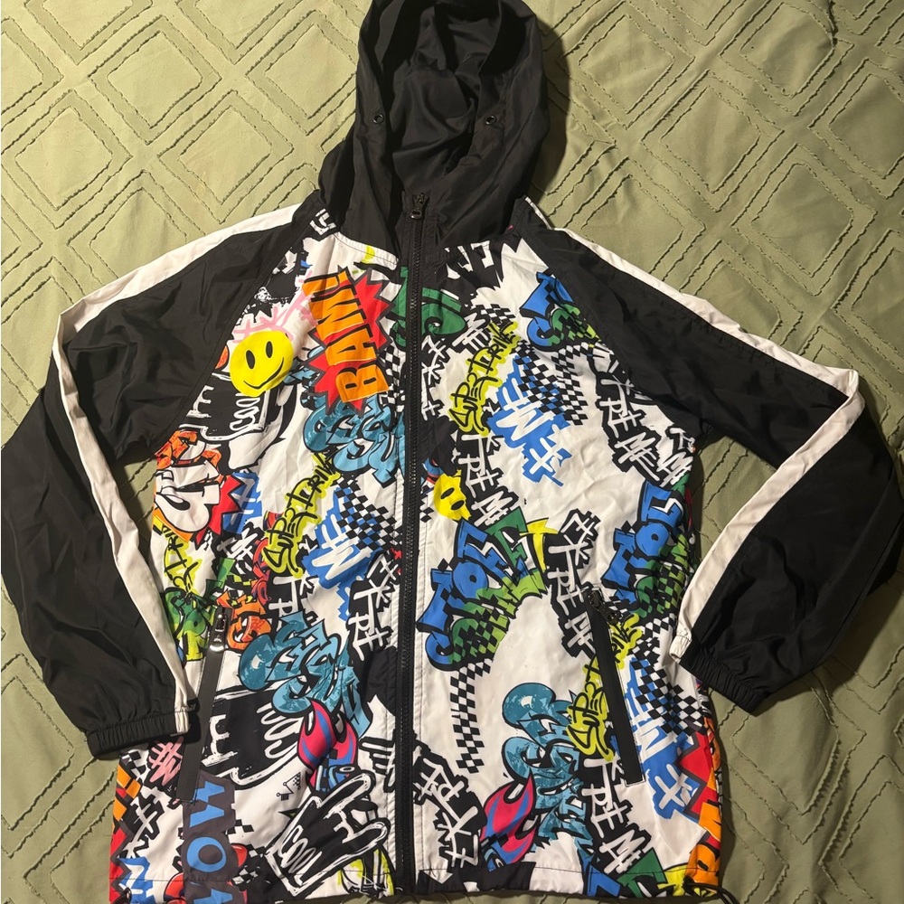 Galaxy By Harvic Black Hooded Raincoat with Multicolor Graffiti